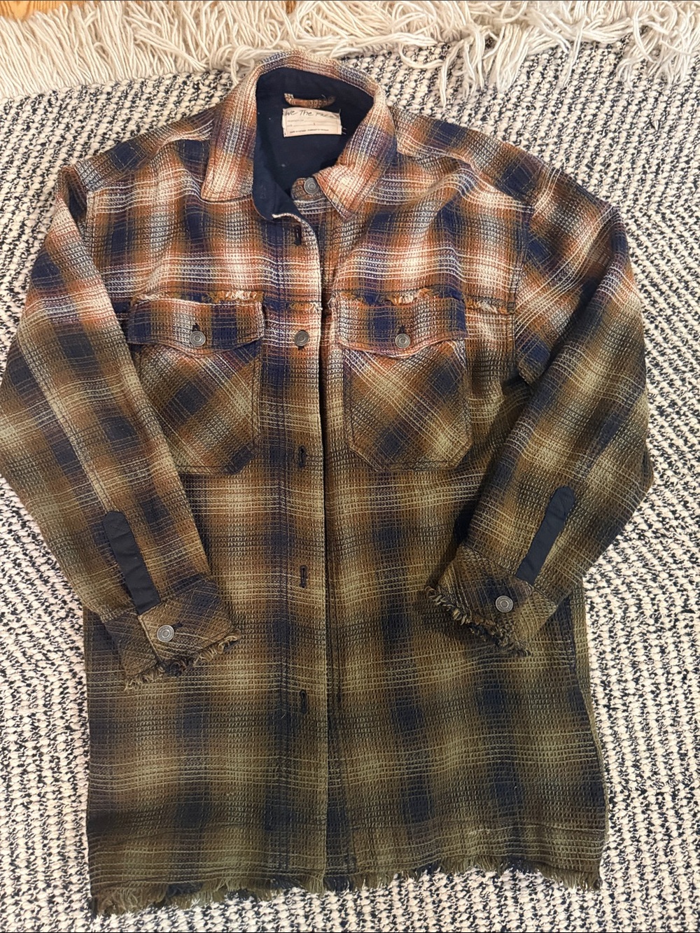 FP Shacket Olive & Navy Plaid Flannel Shirt Jacket